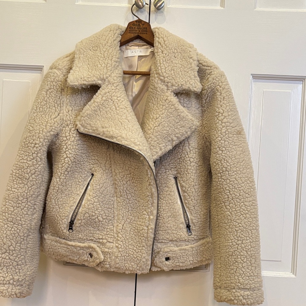 Astr Beige Teddy Jacket. Great zipper and faux belt detail.